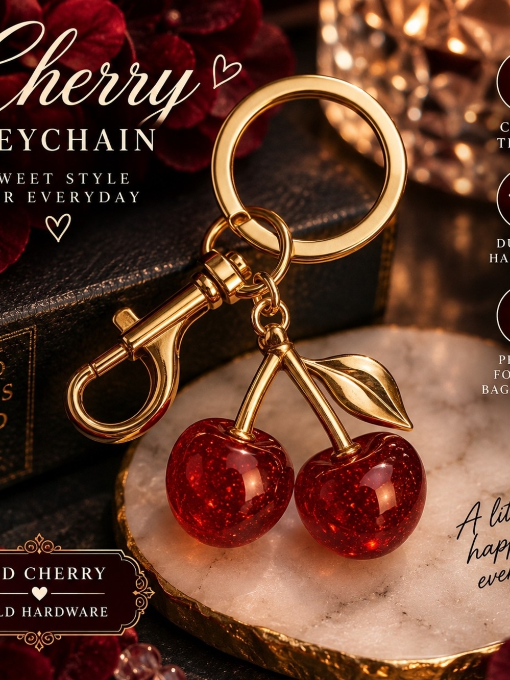 Gold Cherry Keychain with Red Cherry Charms!!